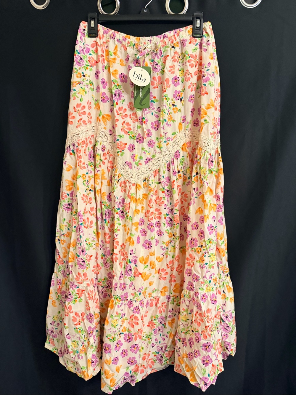 Bila Cream Maxi Skirt with Pink & Orange Floral Print Size M New With Tags